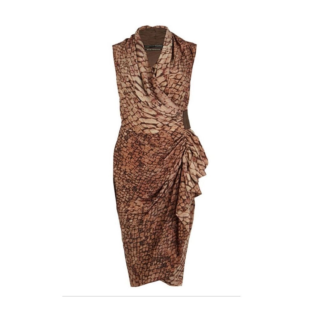 All Saints Spitalfields Lenoix Silk Ruched Wrap Sleeveless Dress in Brown Python